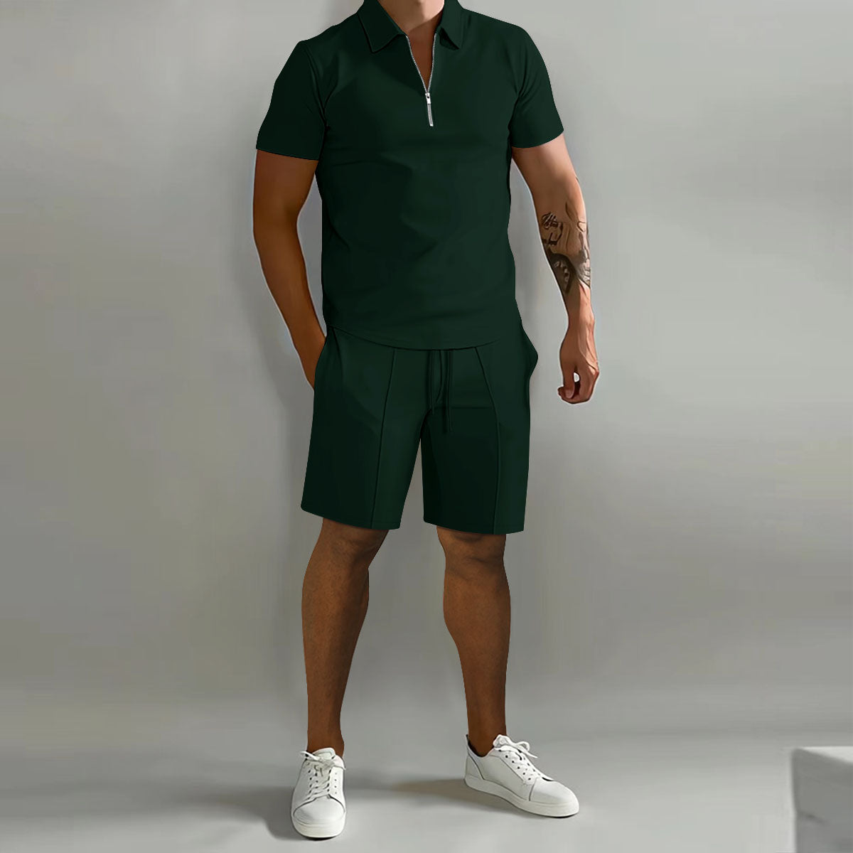 Conjunto de Verano para Hombre de Dos Piezas con Camisa Polo con Cremallera y Pantalones Cortos