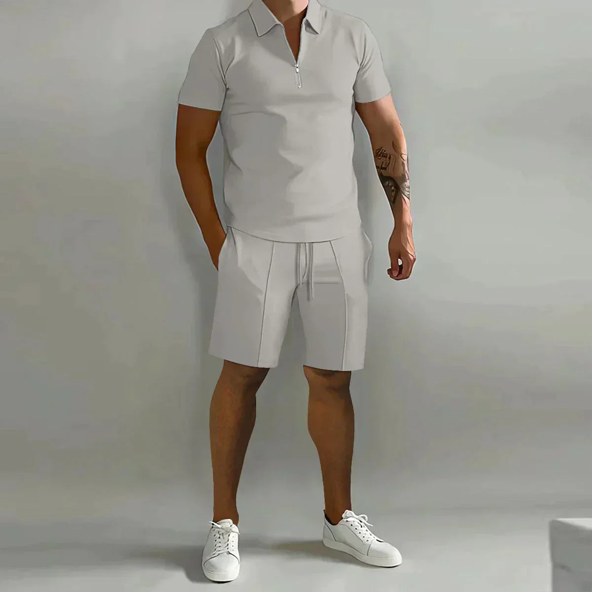 Conjunto de Verano para Hombre de Dos Piezas con Camisa Polo con Cremallera y Pantalones Cortos