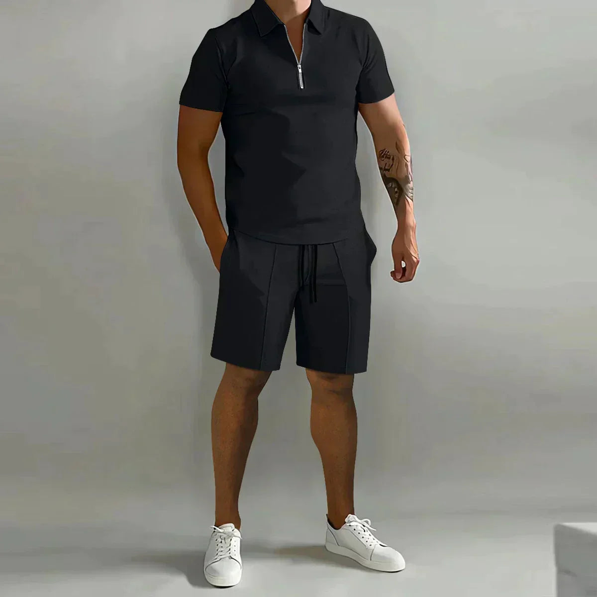 Conjunto de Verano para Hombre de Dos Piezas con Camisa Polo con Cremallera y Pantalones Cortos