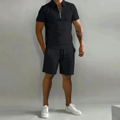 Conjunto de Verano para Hombre de Dos Piezas con Camisa Polo con Cremallera y Pantalones Cortos