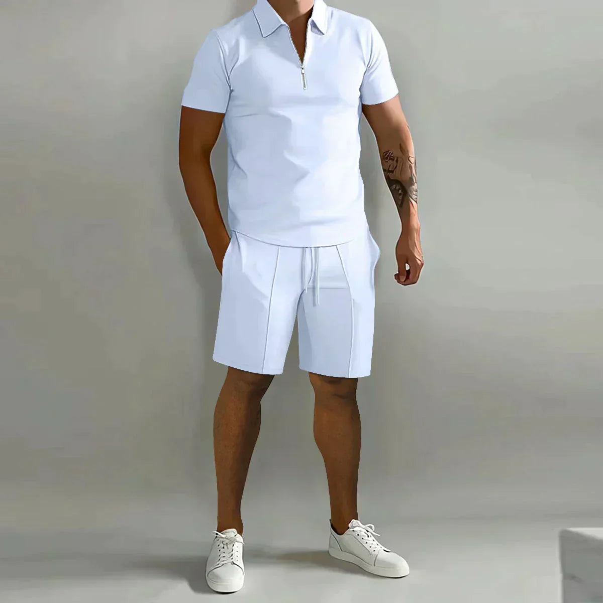 Conjunto de Verano para Hombre de Dos Piezas con Camisa Polo con Cremallera y Pantalones Cortos