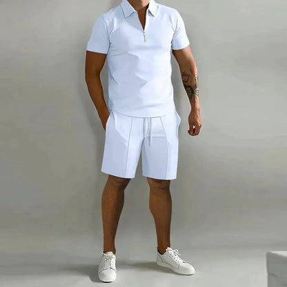 Conjunto de Verano para Hombre de Dos Piezas con Camisa Polo con Cremallera y Pantalones Cortos