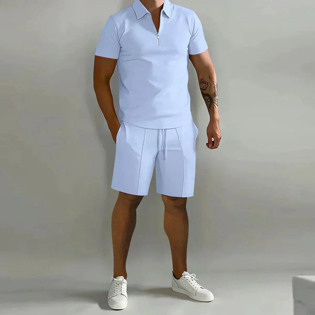 Conjunto de Verano para Hombre de Dos Piezas con Camisa Polo con Cremallera y Pantalones Cortos