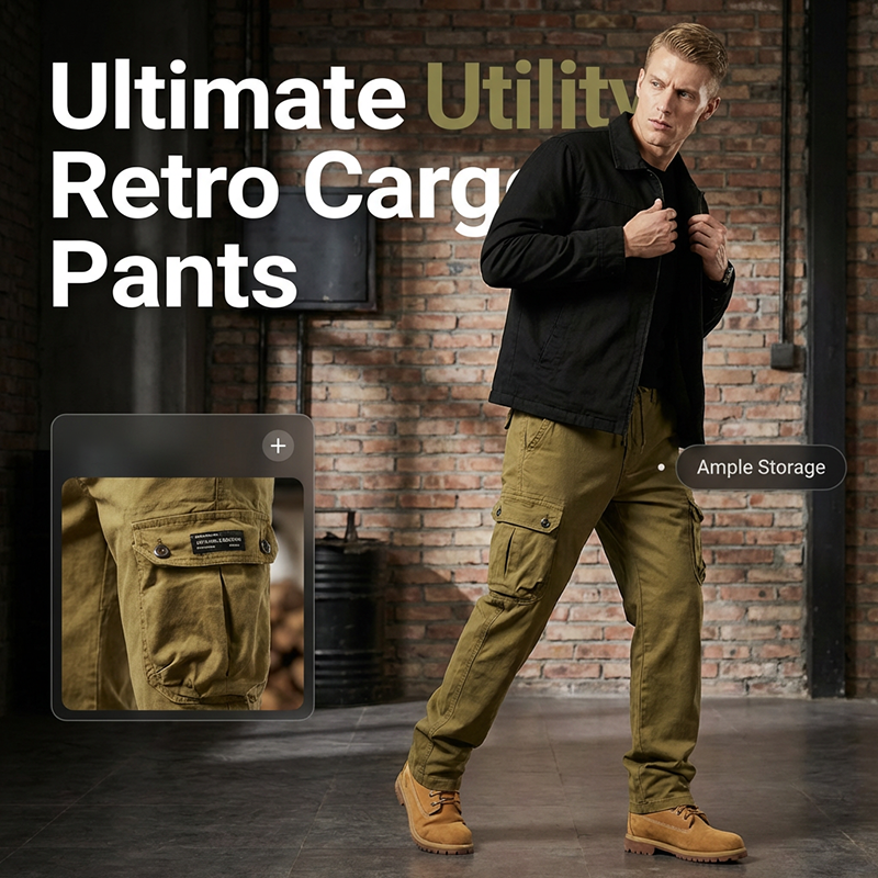 Pantalón cargo retro con múltiples bolsillos para hombre